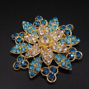 Gold Tone Flower Brooch Pendant Blue Clear Rhinestones Aurora Borealis Center